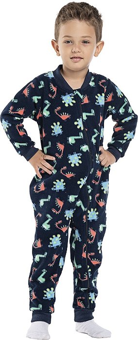 Pijama macacão infantil menino dinossauro mega soft marinho