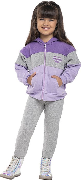 Conjunto moletom infantil menina zíper bordado roxo