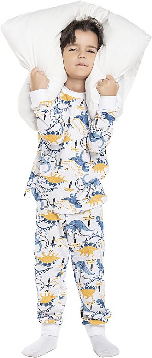 Pijama infantil menino dinossauro algodão branco