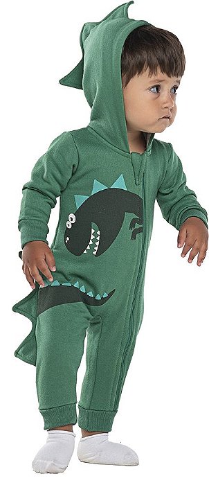 Pijama macacão infantil menino lúdico dinosauro moletom verde