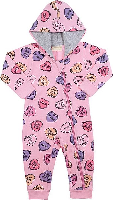 Pijama macacão infantil menina corações moletom rosa