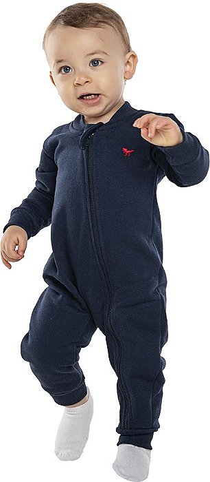 Pijama macacão infantil menino liso moletom azul marinho