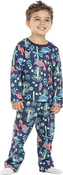 Pijama infantil menino dinossauro slim soft azul