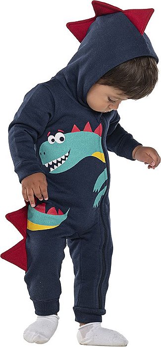 Pijama macacão infantil menino lúdico dinossuauro azul marinho