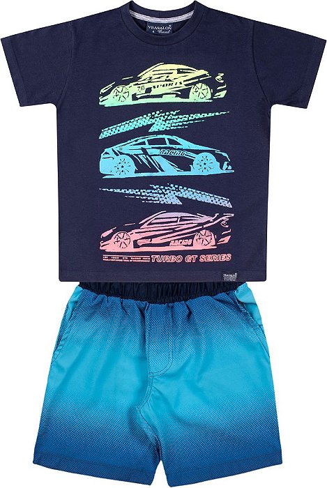 CONJUNTO INFANTIL MENINO CARROS ALGODÃO AZUL MARINHO