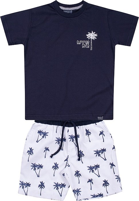 CONJUNTO INFANTIL MENINO COQUEIROS SARJA AZUL MARINHO