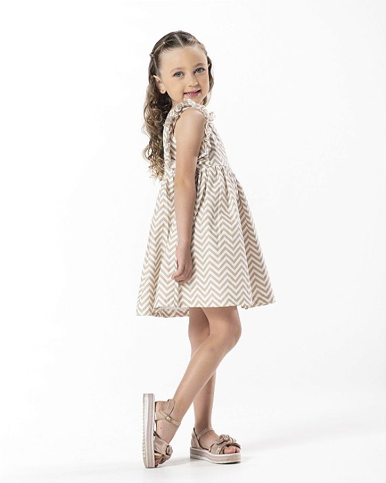 VESTIDO INFANTIL MENINA ZIGZAG ALGODÃO BEGE