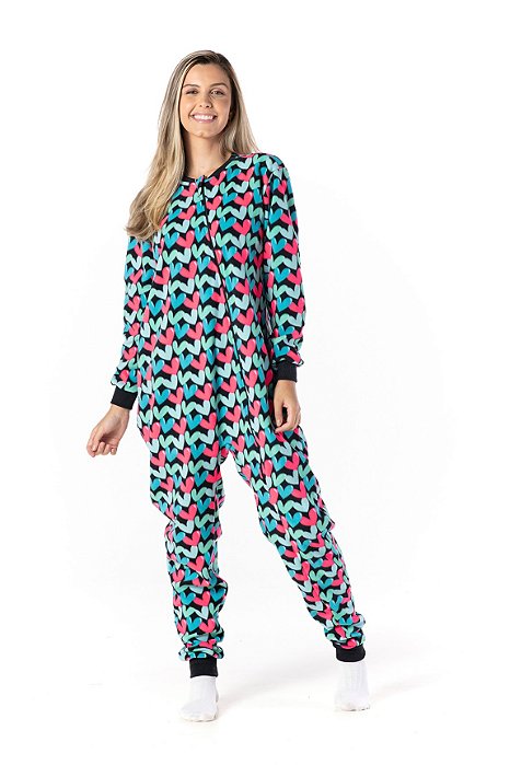 PIJAMA ADULTO FEMININO CORAÇÕES SOFT PRETO NEON