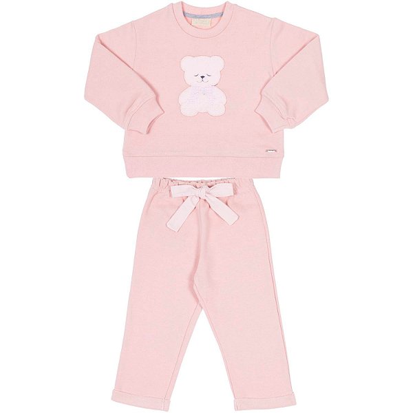 CONJUNTO INFANTIL MENINA URSO LAÇO MOLETOM ROSA