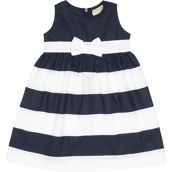 Vestido infantil menina listrado com laço algodão marinho