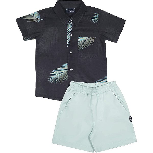 CONJUNTO INFANTIL MENINO FOLHAGEM SARJA PRETO