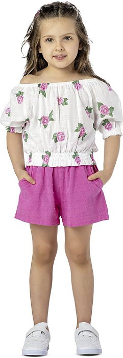 CONJUNTO INFANTIL MENINA FLORAL ALGODÃO ROSA