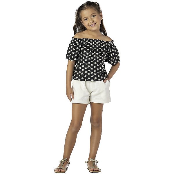 CONJUNTO INFANTIL MENINA BORDADO ALGODÃO PRETO