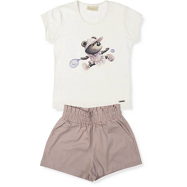 CONJUNTO INFANTIL MENINA URSINHA TENISTA ALGODÃO CRU