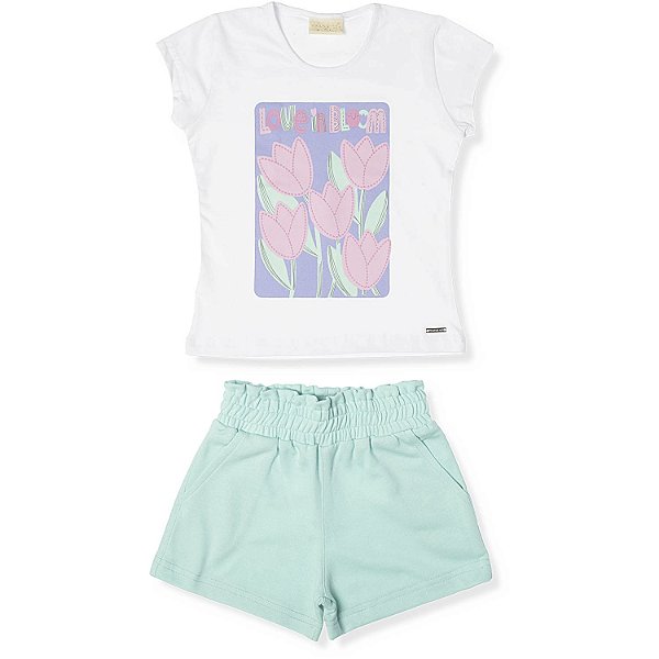 CONJUNTO INFANTIL MENINA LOVE IS BLOOM ALGODÃO VERDE ÁGUA