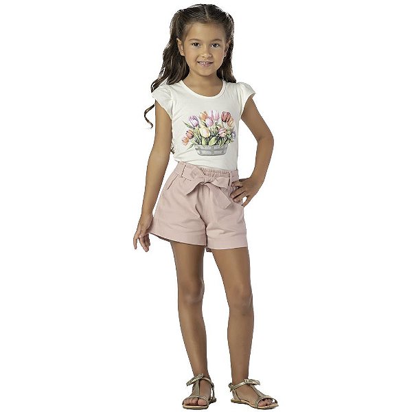 CONJUNTO INFANTIL MENINA FLORES ALGODÃO CRU