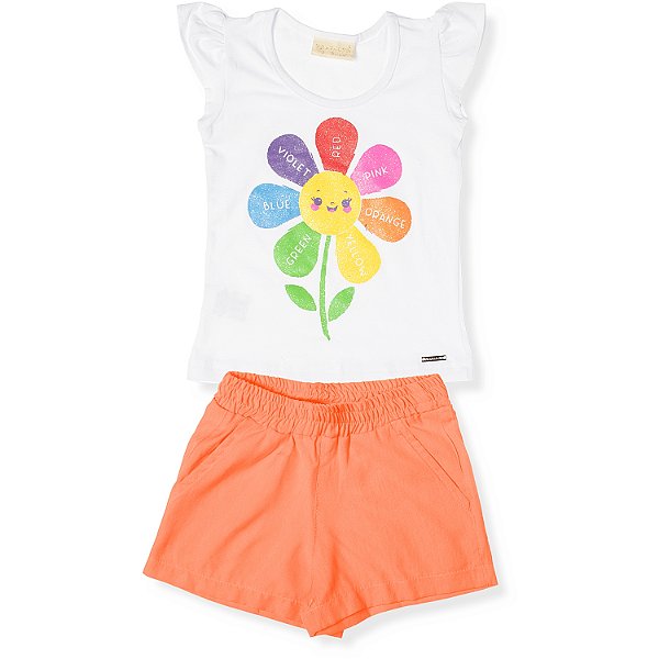 CONJUNTO INFANTIL MENINA FLOR ALGODÃO LARANJA