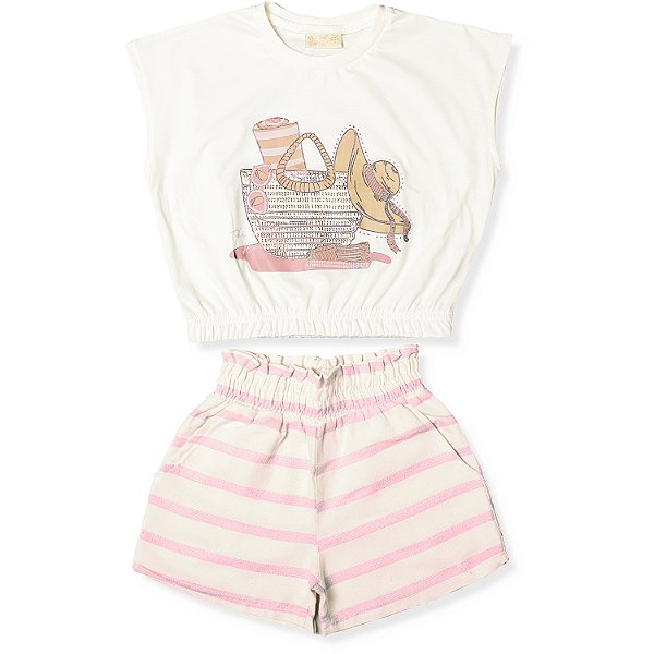 CONJUNTO INFANTIL MENINA CHAPÉU/BOLSA ALGODÃO ROSA