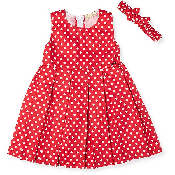 VESTIDO INFANTIL FRIDA MENINA PREGAS POÁ ALGODÃO VERMELHO