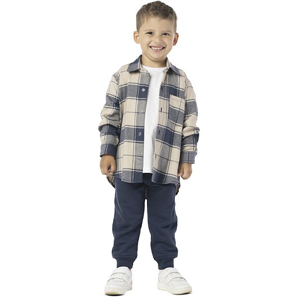 CAMISA INFANTIL MENINO XADREZ BEGE E MARINHO