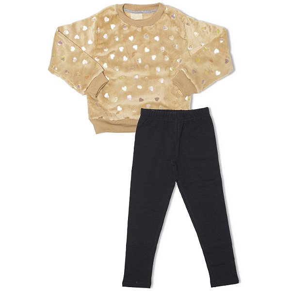 CONJUNTO INFANTIL MENINA CORAÇÃO MOLETOM PELUDINHO BEGE