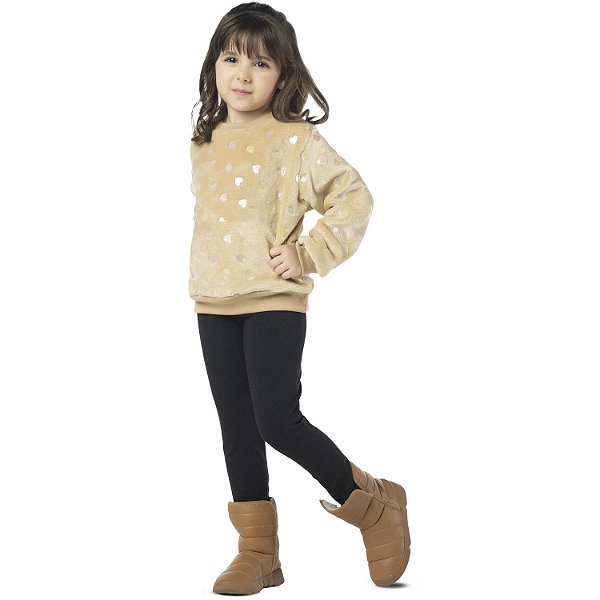 CONJUNTO INFANTIL MENINA CORAÇÃO MOLETOM PELUDINHO BEGE