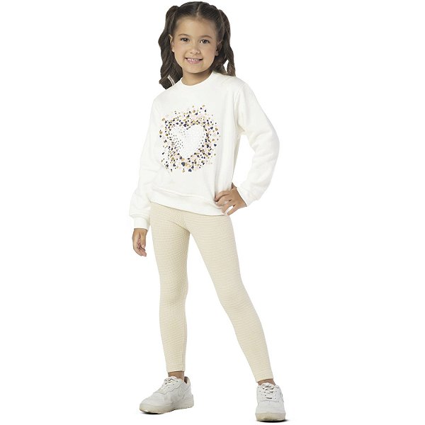 CONJUNTO INFANTIL MENINA CORAÇÕES FOIL MOLETOM BEGE
