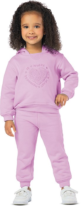 CONJUNTO INFANTIL MENINA CORAÇÃO PELUDINHO MOLETOM ROSA CLARO