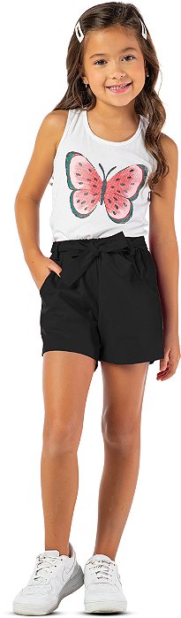 Short infantil menina cinto laço algodão preto