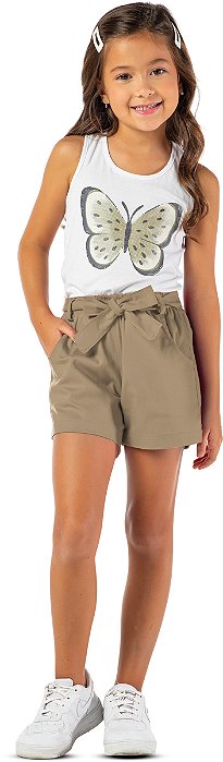 Short infantil menina cinto laço algodão bege