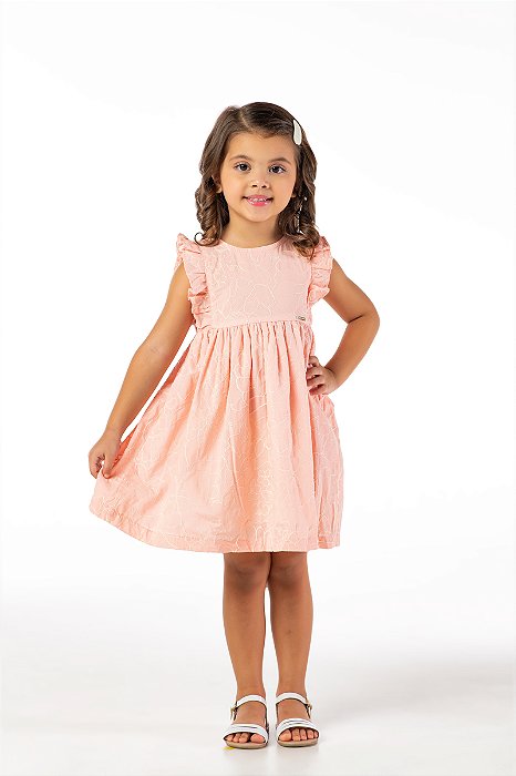 Vestido infantil algodão texturizado floral salmon