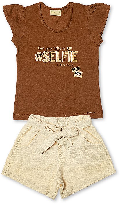 Conjunto verão infantil menina estampa glitter algodão marrom nutella