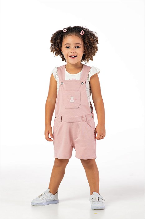 Jardineira infantil menina ursinho moletinho rose