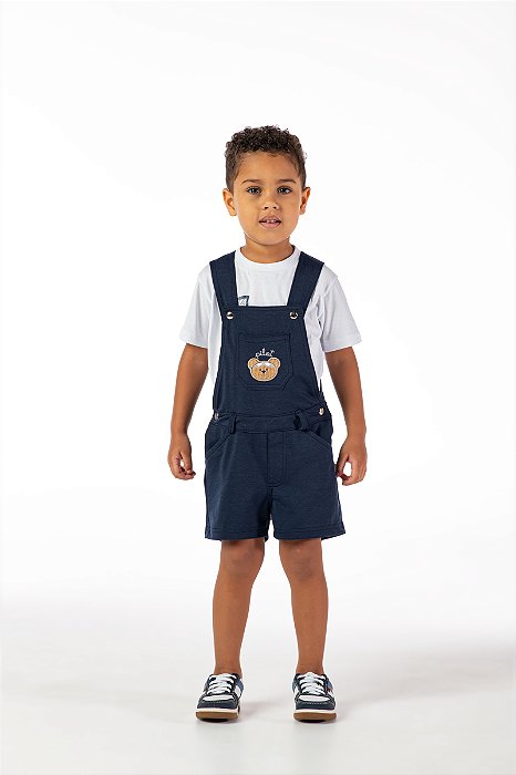 Jardineira infantil menino ursinho moletinho marinho