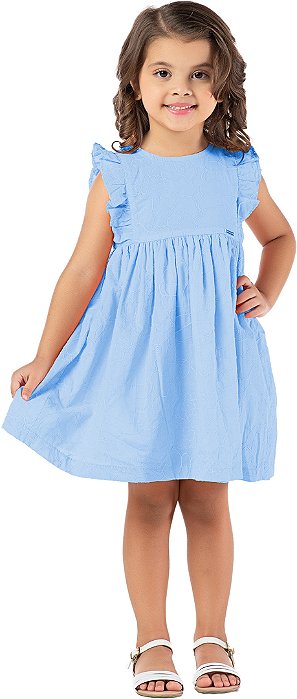 Vestido infantil algodão bordado floral azul