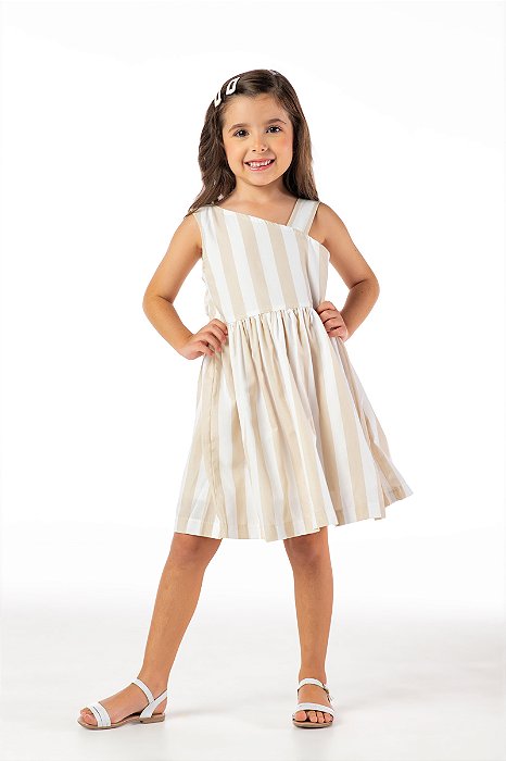 Vestido infantil menina assimétrico listrado algodão bege