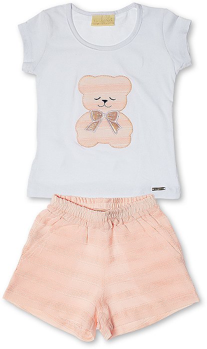 Conjunto infantil menina ursinho bordado algodão rosa