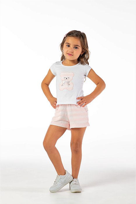 Conjunto infantil menina ursinho bordado algodão rosa
