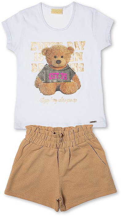 Conjunto infantil menina estampa urso algodão branco