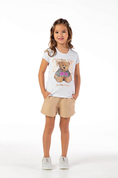 Conjunto infantil menina estampa urso algodão branco