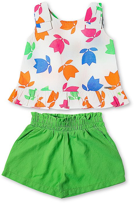 Conjunto infantil menina tulipas com laço e babado algodão verde