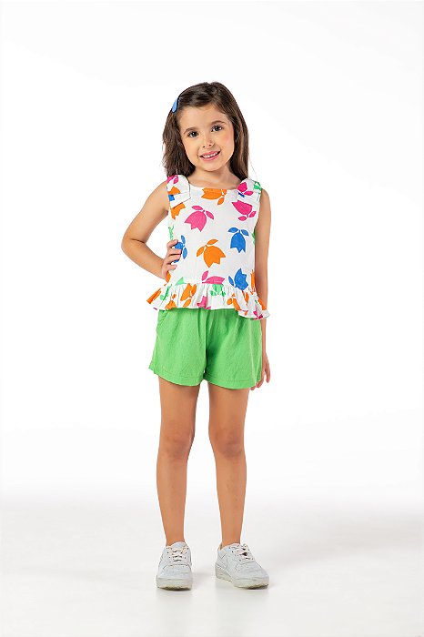 Conjunto infantil menina tulipas com laço e babado algodão verde