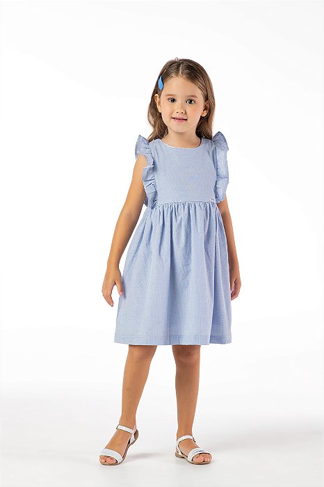 Vestido infantil menina listrado com babado algodão azul