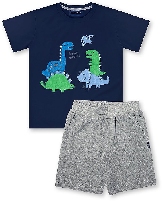Conjunto infantil menino dinossauro algodão marinho