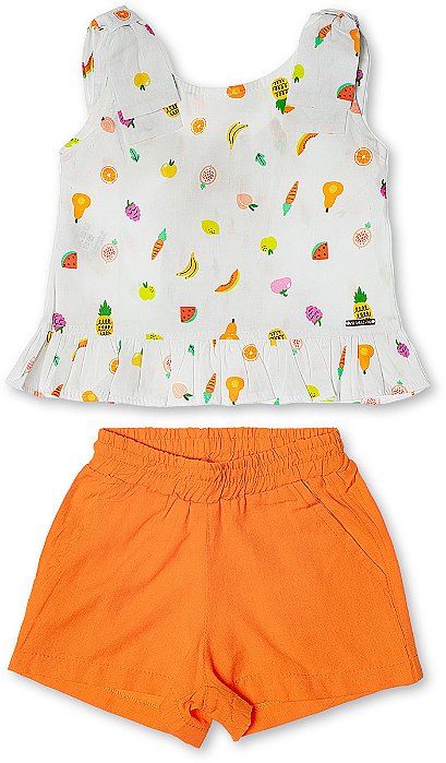 Conjunto infantil menina frutas algodão laranja