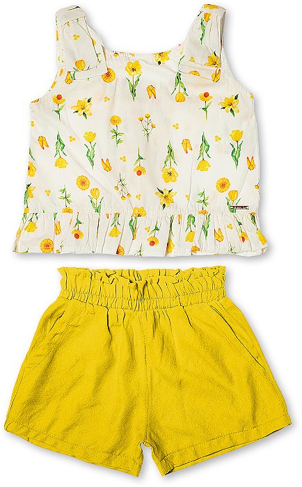 Conjunto infantil menina margarida laço algodão amarelo