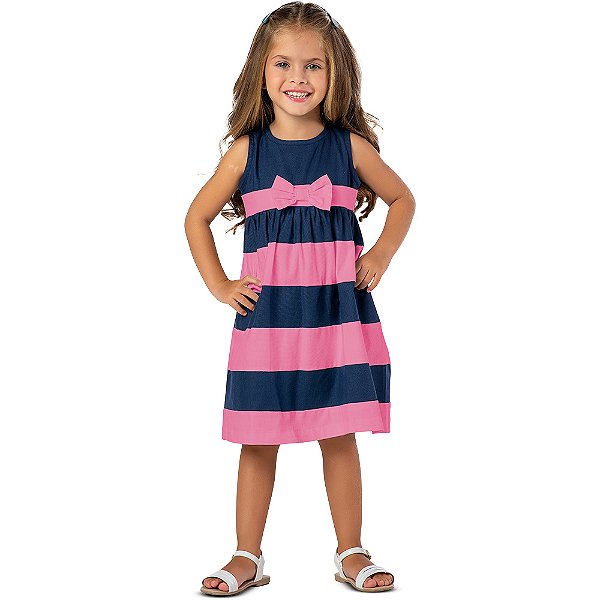 Vestido infantil menina listrado com laço algodão rosa