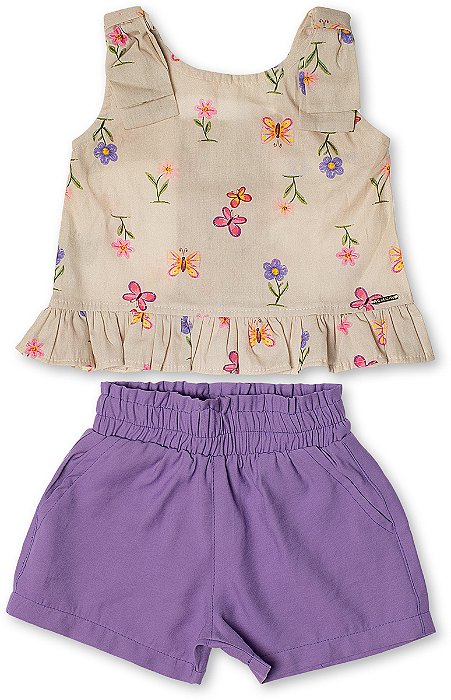 Conjunto infantil menina estampado algodão laço lilás