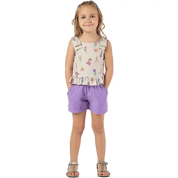 Conjunto infantil menina estampado algodão laço lilás