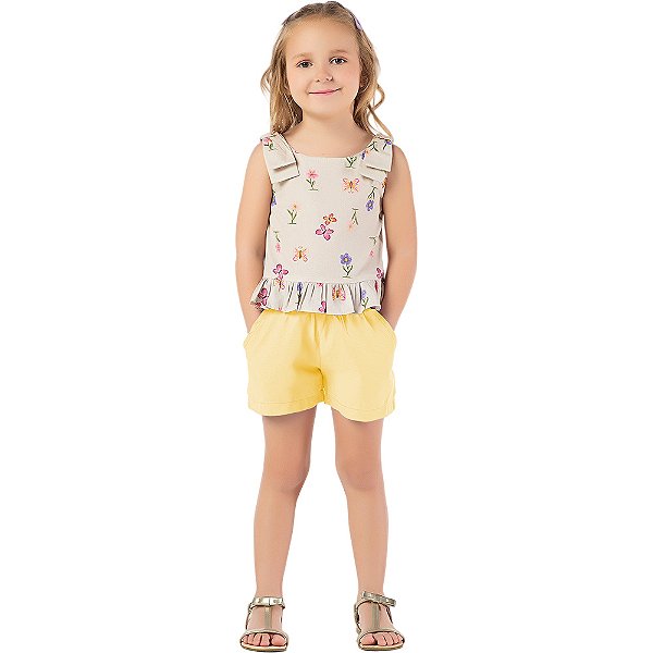 Conjunto infantil menina estampado algodão laço amarelo